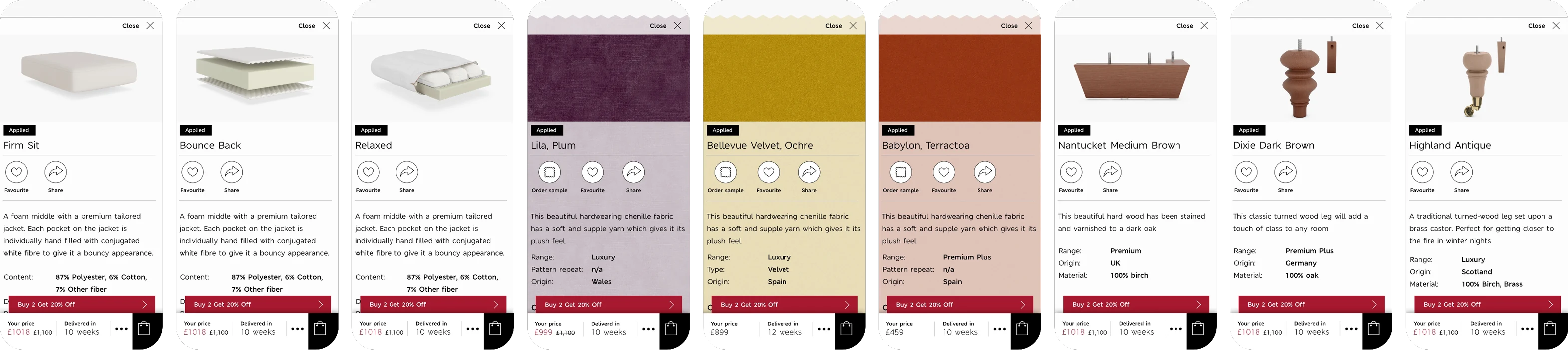 The sofa builder attributes: the material, legs, filling and size choices, one screen each
