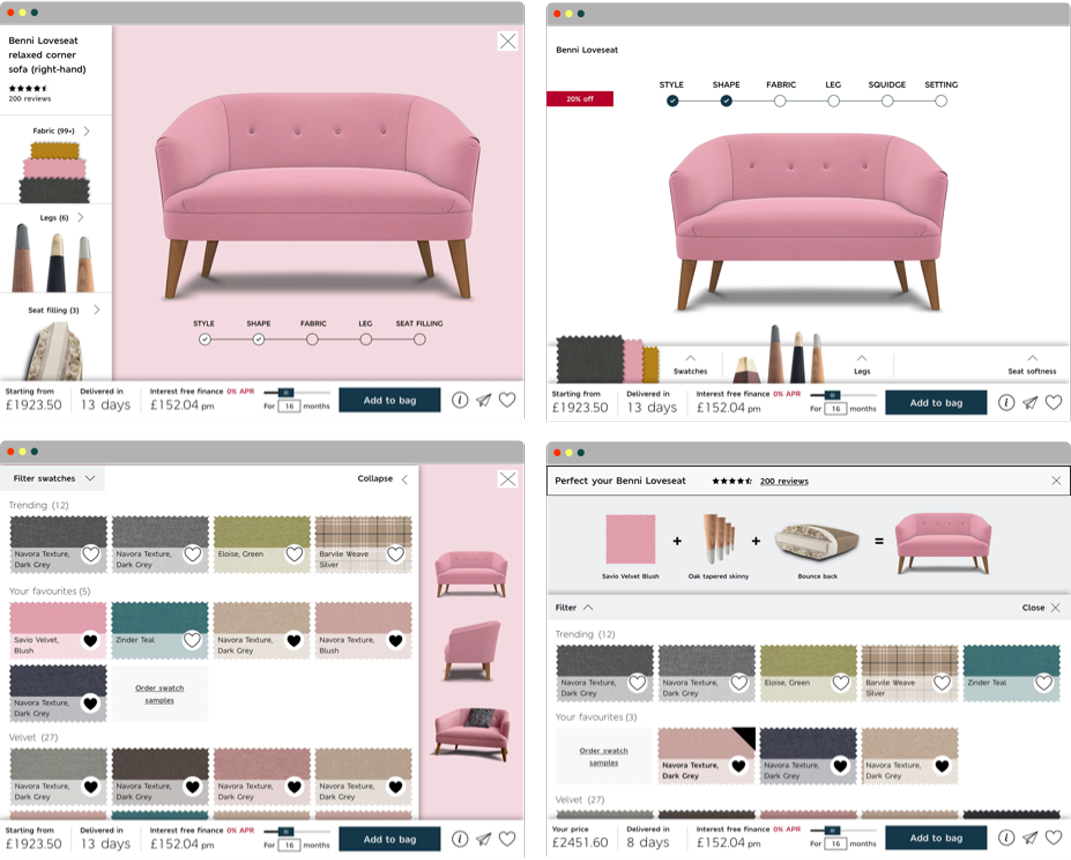 Early concept 2: the sofa builder with a swatch picker under the sofa